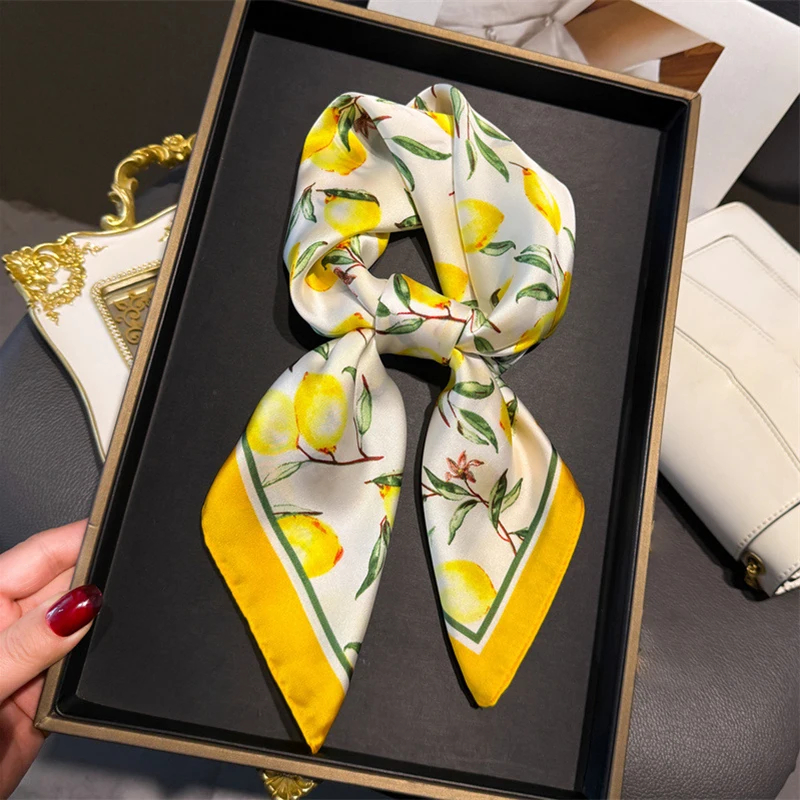 Silk Scarf Square - 70cm Square Lemon Print Yellow Square